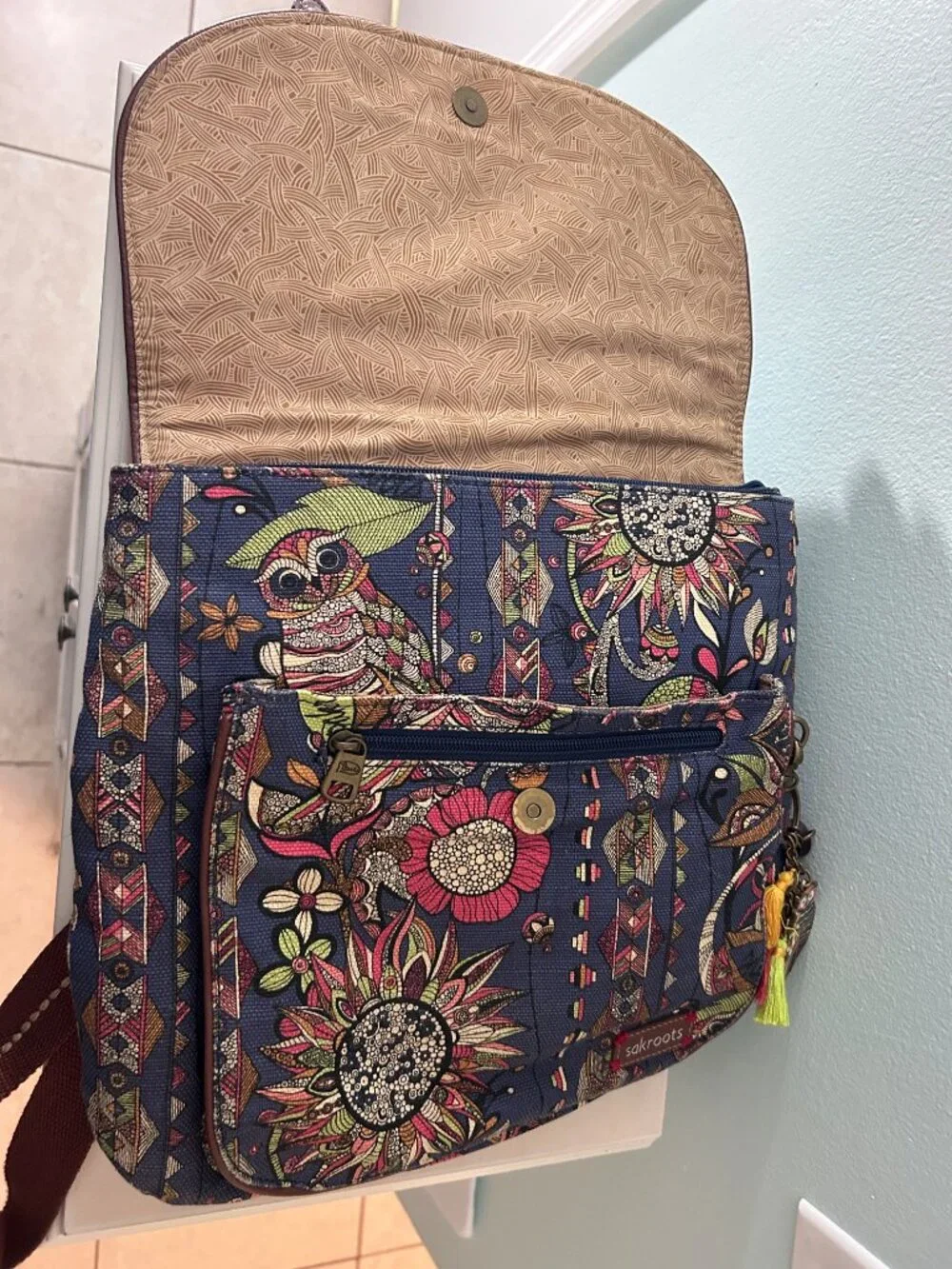 Sakroots Navy Owl and Floral Print Backpack